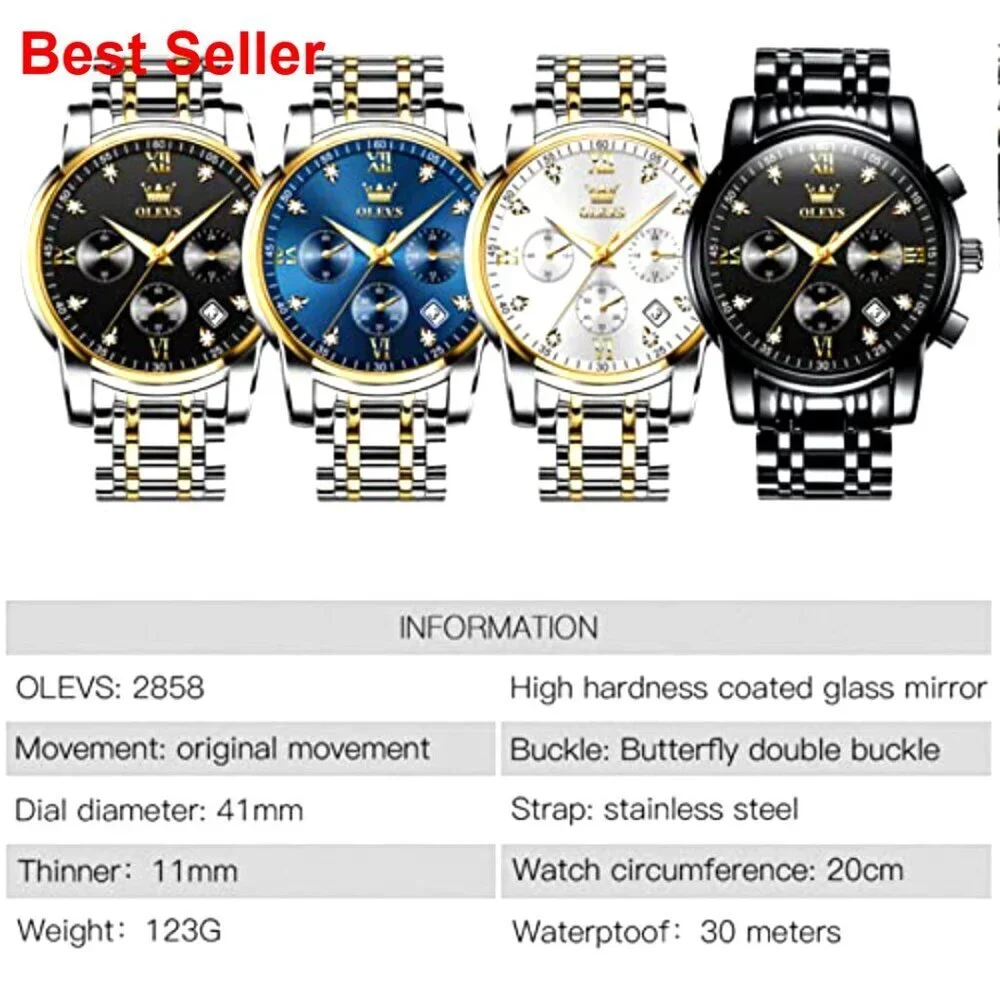 Stainless Steel Waterproof Quartz Analog Watch with Adjustable Bracelet